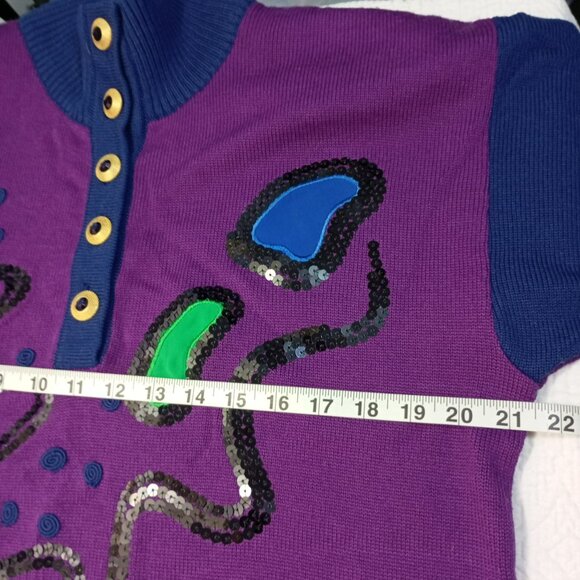 Vintage Louis Feraud Sweater 100% Wool Sequin Design Button Neck Womens Size L - Picture 10 of 11